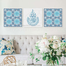 Load image into Gallery viewer, Arabesque Set of 3 Islamic Wall Art | Blue | Surah Ikhlas Arabesque Islamic Decor
