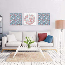 Lade das Bild in den Galerie-Viewer, Arabesque Set of 3 Islamic Wall Art | Blue-Red | Surah Falaq Arabesque Islamic Decor
