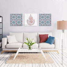 Load image into Gallery viewer, Arabesque Set of 3 Islamic Wall Art | Blue-Red | Surah Ikhlas Arabesque Islamic Decor
