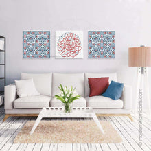 Charger l&#39;image dans la galerie, Arabesque Set of 3 Islamic Wall Art | Blue-Red | Surah Yusuf Arabesque Islamic Decor
